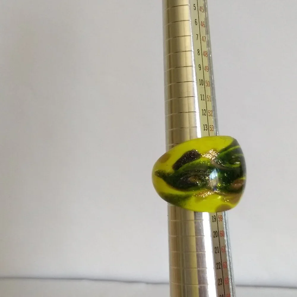 Yellow Swirl Glass Dome Ring Statement Modern Colorful Sparkle Size 7.5